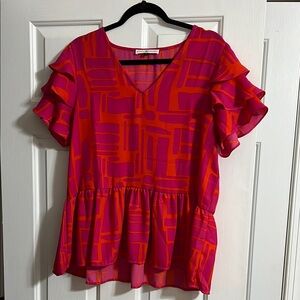 Michelle McDowell Pink and Orange Geometric Flutter Sleeve Babydoll Top Large